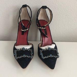 Navy Blue Carolina Herrera Lace Heels With Sapphire Gem Details and Ankle Strap.